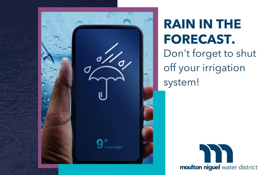 MWDOC's tweet image. Quick tip from @MNWDWater! Rain is on the way, don&apos;t forget to turn your sprinklers off and let the rain do the watering for you! #SmartTimer #Sprinklers #SaveWater