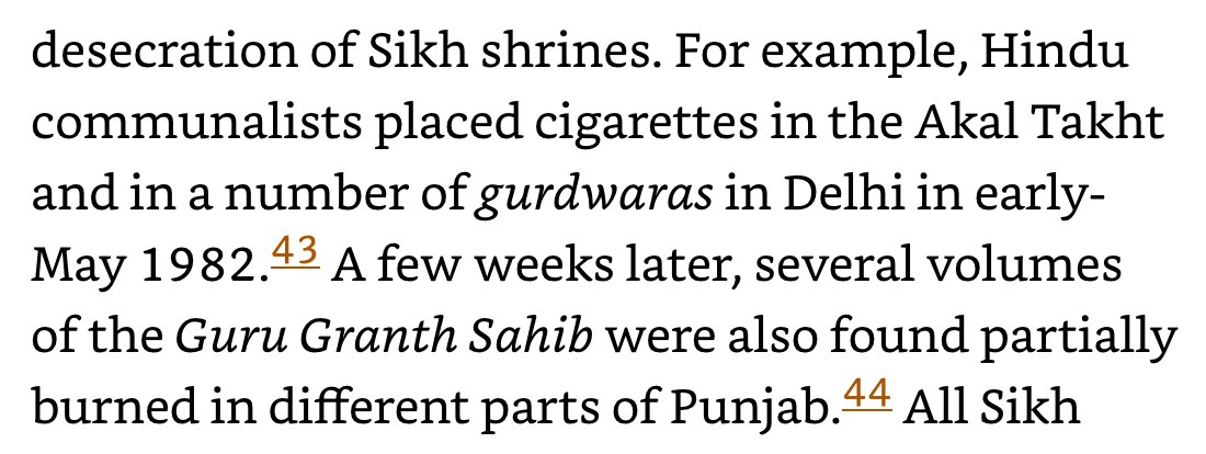 And after this in 1981 and later years many incidents of Tobacco products including Cigarettes thrown inside Gurudwaras were reported.Several copies of Guru Granth Sahib burnt.Following this threat of beef being thrown in some temples were reported. 1982: