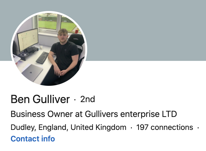 Ben's Linkedin says he is the business owner of Gullivers Enterprise Ltd. His profile pic is of him next to his computer, open on what looks like  http://Fivver.com&nbsp;'s webpage
