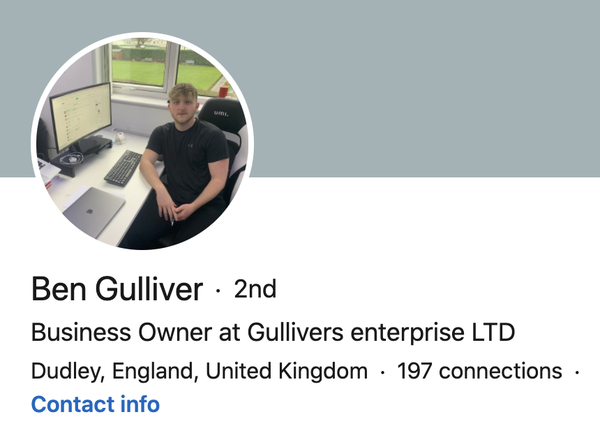 Ben's Linkedin says he is the business owner of Gullivers Enterprise Ltd. His profile pic is of him next to his computer, open on what looks like  http://Fivver.com 's webpage