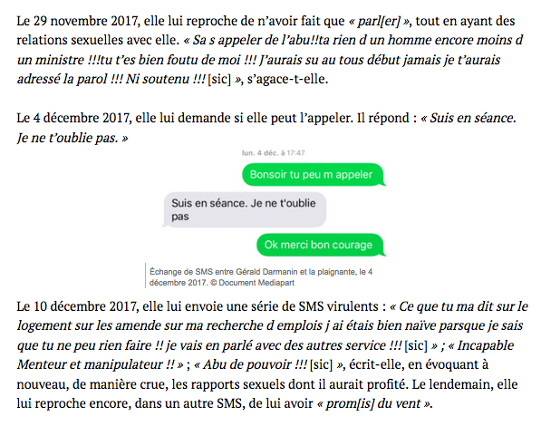 Antton Rouget (@anttonrouget) on Twitter photo 👉A gauche, des échanges de SMS entre <a href="/GDarmanin/">Gérald DARMANIN</a> et la femme qui a porté plainte contre lui pour des faits de viol.
👉A droite, des échanges de SMS entre <a href="/GDarmanin/">Gérald DARMANIN</a> et la seconde femme qui avait porté plainte contre lui pour des faits d’abus de faiblesse. 👉A gauche, des échanges de SMS entre <a href="/GDarmanin/">Gérald DARMANIN</a> et la femme qui a porté plainte contre lui pour des faits de viol.
👉A droite, des échanges de SMS entre <a href="/GDarmanin/">Gérald DARMANIN</a> et la seconde femme qui avait porté plainte contre lui pour des faits d’abus de faiblesse.