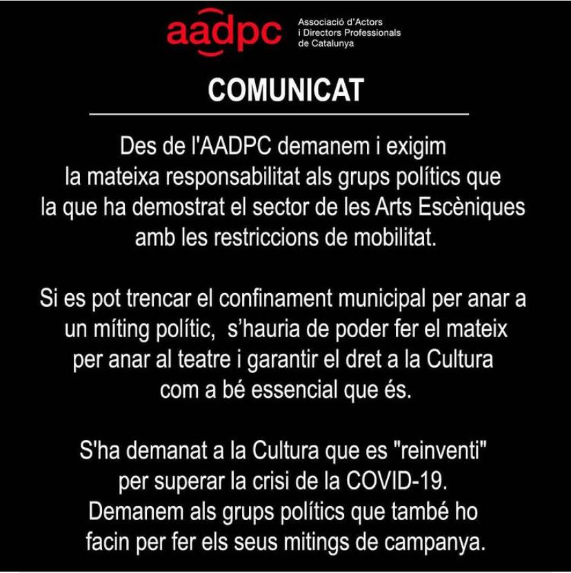 ttp_cat's tweet photo. Des de la TTP compartim cada paraula del comunicat publicat avui per l'@AADPC. Esperem una rectificació.

@cultura_cat @govern @parlamentcat 

@ERC_Cultura @JuntsXCat @PDeCAT_Cultura @EnComu_Podem @socialistes_cat @cupnacional @PPCatalunya @CiutadansCs https://t.co/y2uqlzwXym