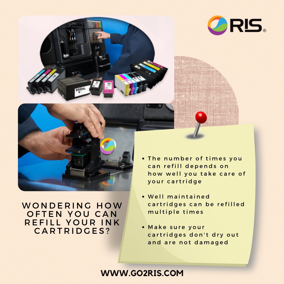 We often get asked how many times an empty ink cartridge can be refilled. The number of refills depends on many factors, but well-maintained ink cartridges can be refilled multiple times. Make sure you don't let cartridges dry out and that you don't damage the copper plates! #RIS