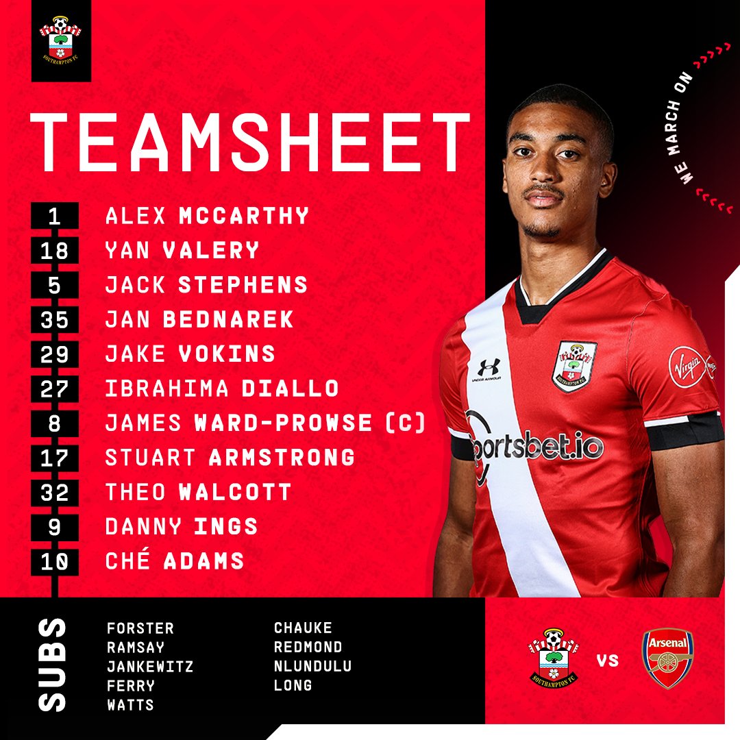 SouthamptonFC's tweet photo. ๐ @Alex_Macca23 returns
๐ @yan_valery starts
๐ Jake Vokins plays
Here's tonight's #SaintsFC team for the meeting with #AFC: https://t.co/Sbys3zBwN2