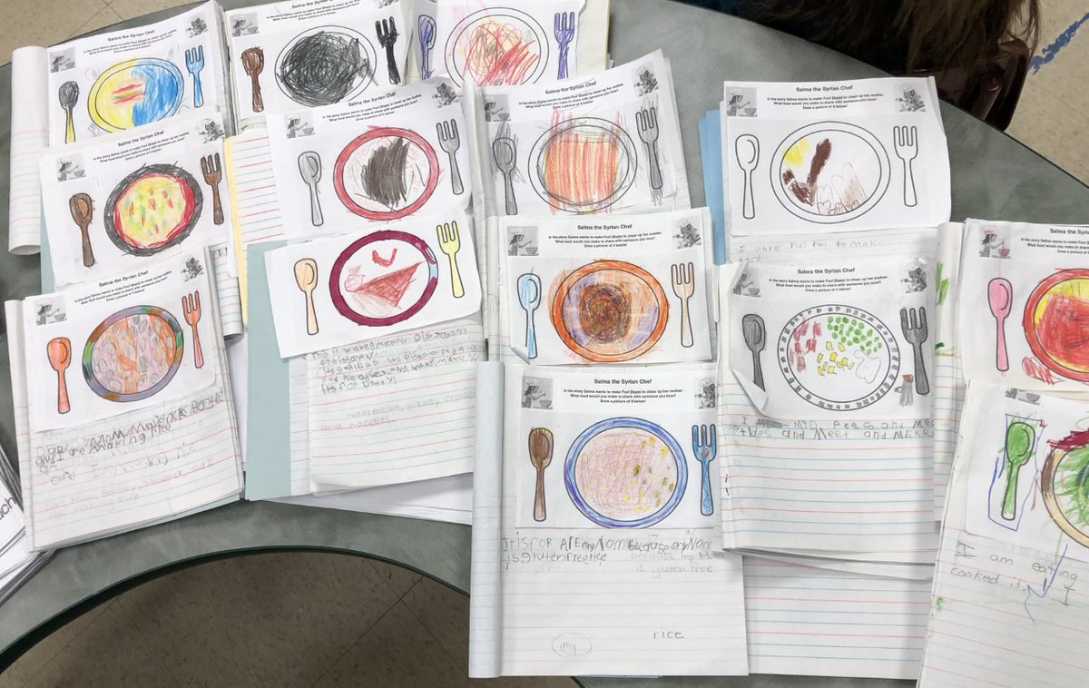 Readergirl4's tweet photo. Gr1 Ss @NearNorthDSB worked on pictures of a special meal they’d cook for someone special, then they wrote about it! @ForestofReading #SalmaTheSyrianChef #DannyRamadan @AnnickPress #BlueSpruce @WilshireLibrary @OPPSlibrary @CreLibrarian https://t.co/T6xjB4gQUm