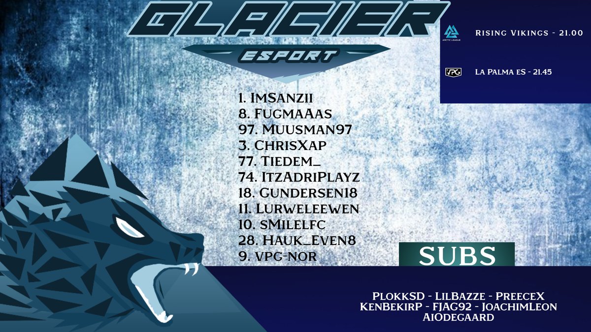 🏆 | <a href="/ARCTICACL/">Arctic League</a> 
🕘 |  21:00
🆚 | @EsportRising 

🏆 | <a href="/OfficialVPG/">Virtual Pro Gaming</a> 
🕙 | 21:45
🆚 |  La Palma eS

#Justice4Jan