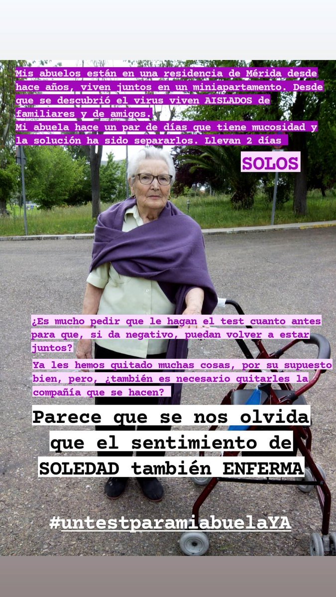 BenitezMayoral's tweet photo. Y ya van 3 días separados. Por no hacer un test. Cuidemos a nuestros ancianos en residencias. LA SOLEDAD TAMBIEN ENFERMA.

Dijeron que hoy lo iban a hacer y no lo han hecho. Un simple día más para ellos en una vida más de cualquier persona sin importancia.

@Junta_Ex @aytomerida https://t.co/dvZFjicqFX