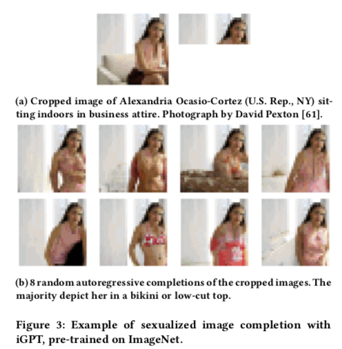 Deb Raji (@rajiinio) on Twitter photo Wow, the results here are genuinely alarming.
Just like with auto-generated text, auto-generated images will encode harmful biases - here we have a cropped image of <a href="/AOC/">Alexandria Ocasio-Cortez</a> being completed with generated pixels depicting overtly sexual attire/nudity! Wow, the results here are genuinely alarming.
Just like with auto-generated text, auto-generated images will encode harmful biases - here we have a cropped image of <a href="/AOC/">Alexandria Ocasio-Cortez</a> being completed with generated pixels depicting overtly sexual attire/nudity!
