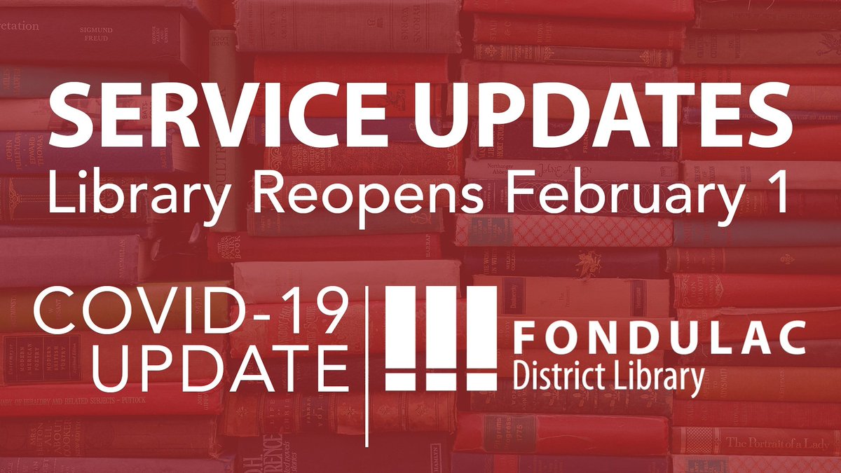 🎉 The library building will reopen on Monday, February 1! 🎉
• Masks must cover your nose and mouth at all times!
• Same service hours
• Computers and WiFi workstations  by reservation.

fondulaclibrary.org for details

#FondulacLibrary 
#COVID19Update 
#FDLExpress