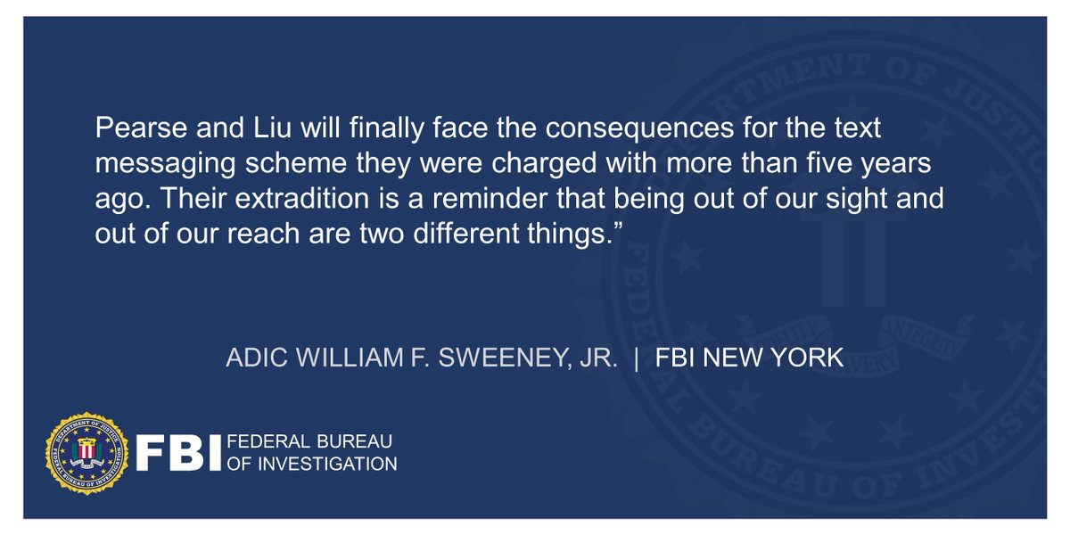 FBI New York (@NewYorkFBI) on Twitter photo 2021-01-26 19:20:47 U.S. Attorney Announces Extradition Of Two Defendants In Text Messaging Consumer Fraud Scheme ADIC Sweeney: Their extradition is a reminder that being out of our sight and out of our reach are two different things. Full statement below. ow.ly/HDJb50DiUUG U.S. Attorney Announces Extradition Of Two Defendants In Text Messaging Consumer Fraud Scheme ADIC Sweeney: Their extradition is a reminder that being out of our sight and out of our reach are two different things. Full statement below. ow.ly/HDJb50DiUUG