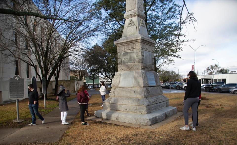AustinCollege's tweet photo. Students have had close encounters with various monuments in Dr. Martin Wells’ JanTerm course “Monuments: Memories in Stone.” The class studied local monuments, why they were created, and their place in U.S. history, culture, politics, and social movements. #RooNation #JanTerm https://t.co/ux7yDmpD0t