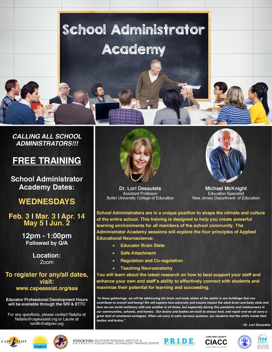 CapeAssist's tweet photo. Free training for all school administrators.

Individuals are encouraged to try and attend all five dates if possible as each date will include different material and information. To register for any or all of the dates, please visit https://t.co/DJekue9p9P. https://t.co/6l23JWYkLg