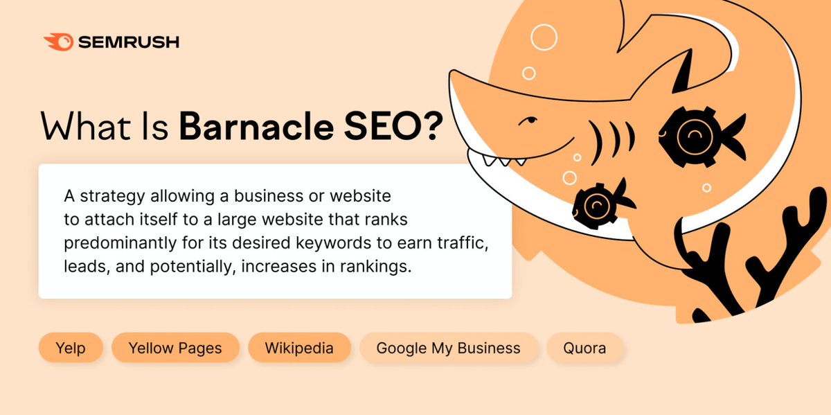 semrush's tweet photo. Have you ever heard about Barnacle SEO? It's a strategy allowing a website to attach itself to a large website that ranks predominantly for its desired keywords. Smart, huh? @blakedenman explains how to leverage it https://t.co/M0r9iSg71z. https://t.co/IABOhleiYZ