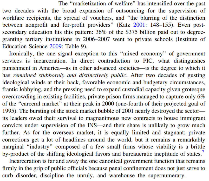 as loic wacquant, one of the world's leading experts on the carceral state, has noted, the prison system is primarily a state institution, w/ only a marginal amount (6%) being privatized. the DOJ only contracts w/ 3 private prisons covering 14K prisoners out of 2.2M  https://twitter.com/Public_Citizen/status/1354132488067538944