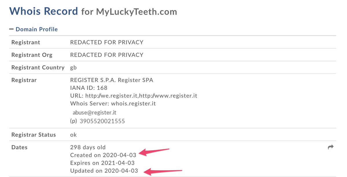 I can see that the domain was registered on the 3rd April 2020. Every time I've sold a website I end up transferring the domain to the new owner. When that happens, the domain record will update to the date it was transferred to the new owner.