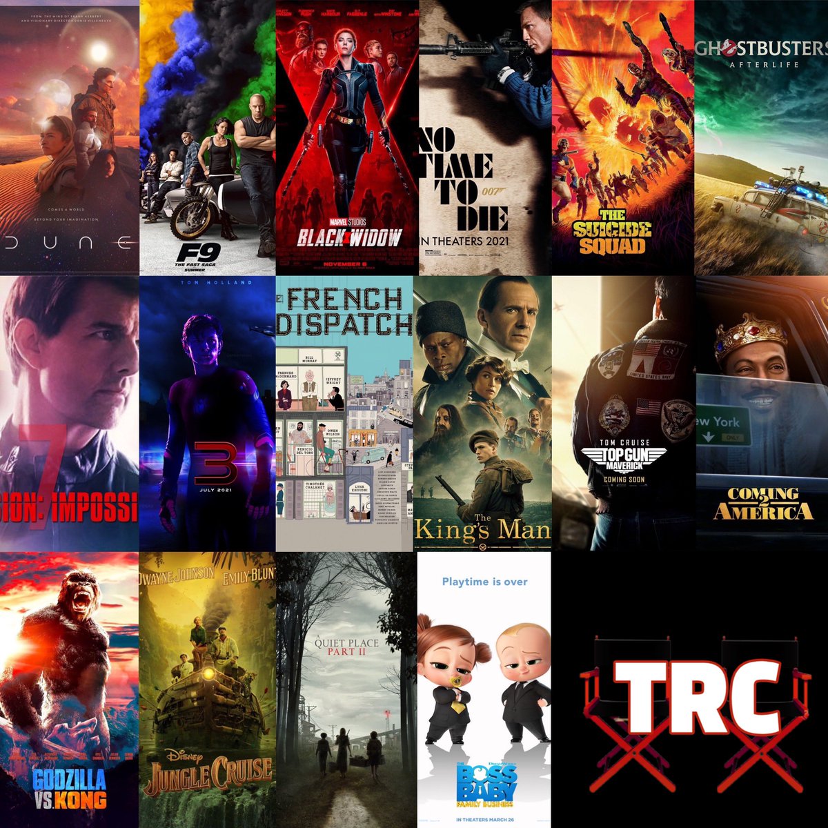roughcut_pod's tweet photo. If you could pick 3 movies from 2021 to STREAM right now, which are you choosing?
#Dune #F9 #blackwidow #NoTimetoDie #TheSuicideSquad 
#GhostbustersAfterlife #MI7 #Spiderman
#TheFrenchDispatch #thekingsman 
#TopGunMaverick 
#Coming2America #GodzillavsKong 
#aquietplace2 https://t.co/tOw3pSzWXl