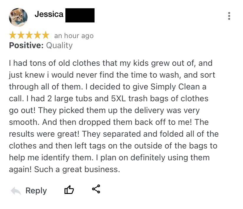 SimplyCleanSTL's tweet photo. Thank you Jessica for the great review. This was a decent sized order that we delivered back today and within an hour of delivering it, we got this review and a great phone call.  We are always here to help with orders of all sizes.  #laundry #laundryservice #laundryservices https://t.co/oSSJB6fofq