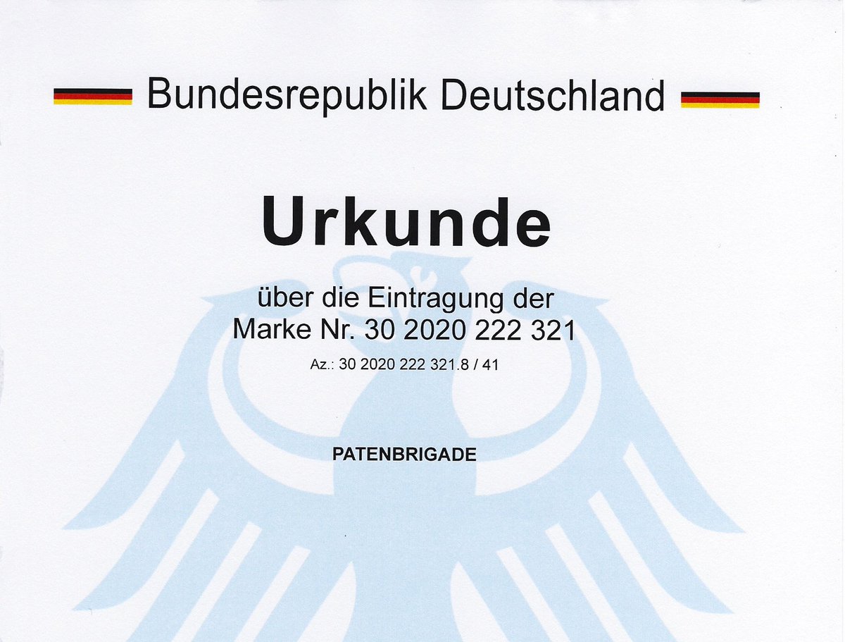 Erstes Etappenziel für unsere Albumproduktion erreicht

Große Freude im Hause PATENBRIGADE: 
Die Bundesrepublik Deutschland hat unseren Bandnamen für wichtig und richtig befunden. 
Da ist das Ding! ;-)

Weitere Etappenziele folgen. Mehr dazu in Kürze von Eurer

PATENBRIGADE