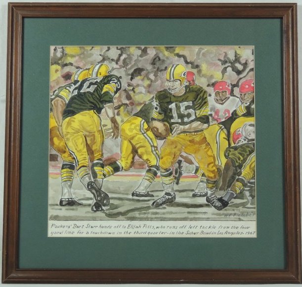 In our collection is the painting by W.P. Fletcher shows  Bart Starr handing off to Elijah Pitts, who ran off a left tackle from the four-yard line for a touchdown in the third quarter in the 1967 Super Bowl in Los Angeles.