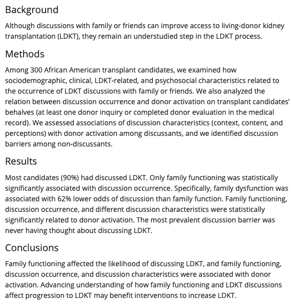 Clinical Transplantation (@clinitransplant) on Twitter photo African Americans’ discussions about living‐donor kidney transplants with family or friends: Who, what, and why not?
doi.org/10.1111/ctr.14…
@EbonyBoulware <a href="/DMohottige/">Dinushika Mohottige</a>
#KidneyTransplant #LivingDonation African Americans’ discussions about living‐donor kidney transplants with family or friends: Who, what, and why not?
doi.org/10.1111/ctr.14…
@EbonyBoulware <a href="/DMohottige/">Dinushika Mohottige</a>
#KidneyTransplant #LivingDonation
