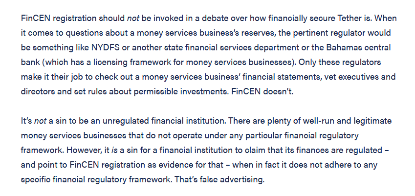 jp_koning's tweet photo. If we are worried about the quality of a stablecoin's assets, the presence of regulation is something that can comfort us. But "FinCEN-registered" doesn't tell us anything. FinCEN is a money laundering watchdog. It doesn't supervise an issuer's finances: https://t.co/fh3HvX4TyX https://t.co/hg9fVKo184