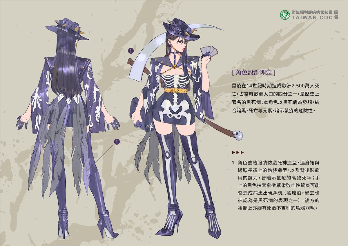 their character profiles detail how the artistic choices relate to the disease! example: plague's concept is based on grim reapers and her hat has the masks of the doctors she defeated. you survive if she pulls the rose tarot card. 