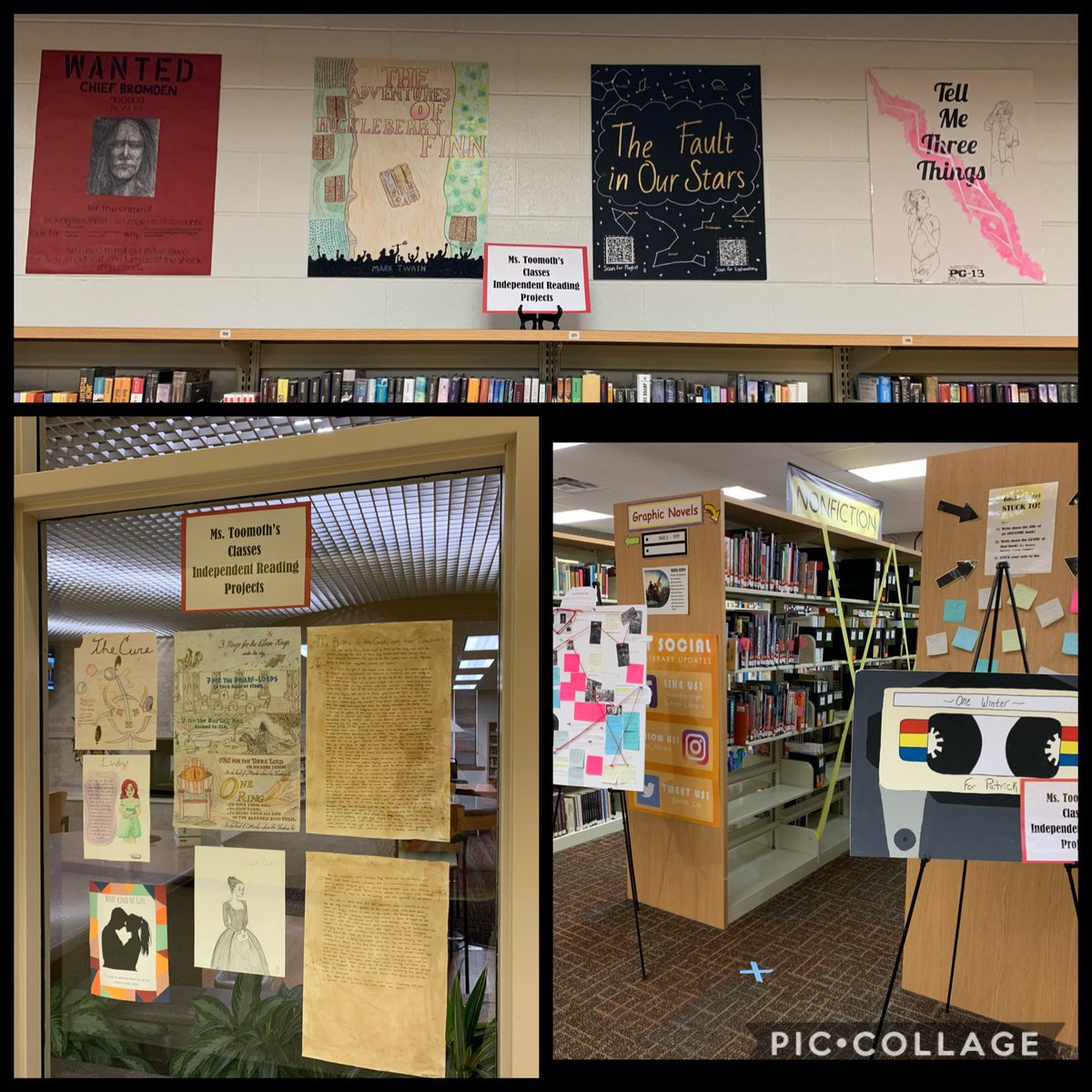 Thanks to Ms. Toomoth for letting us display some of her students awesome work! #nhswildcatlibrary #librarytechsarethebest 📚 🖼