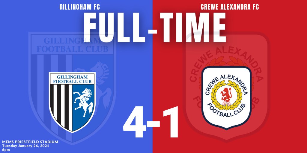FT: Gillingham 4-1 Crewe.

#Gills