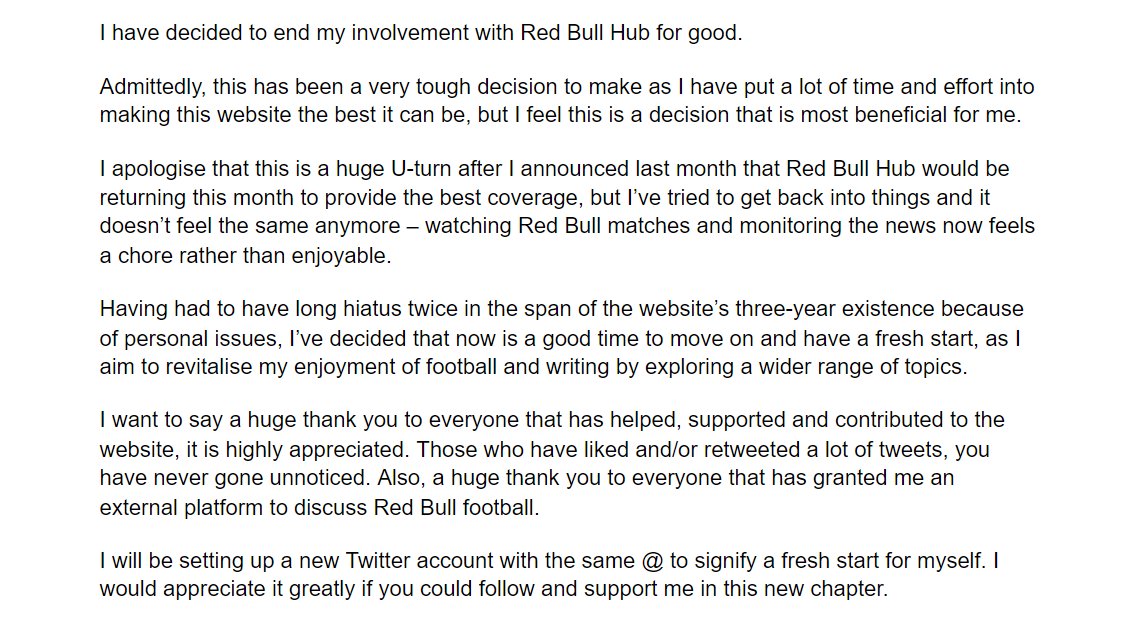 _JackBrace1's tweet photo. 🚨🚨 Announcement 🚨🚨

I have decided to step aside from @RedBullHub and end my coverage of Red Bull football for good. 

The following statement will explain my decision and I hope you all can understand. 

New account: @_JackBrace. https://t.co/6gJXgwSFyr