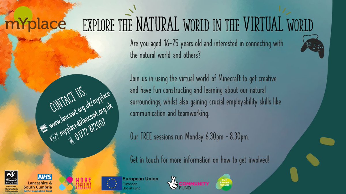 Lancswildlife's tweet image. Do you enjoy nature? Have you wanted to learn a little bit more? Are you a gamer? Our @myplace2gr0w team has just launched brand new sessions using #Minecraft for people aged 16 – 24. Come and join us! lancswt.org.uk/myplace