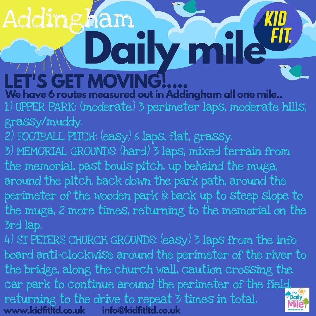 KidfitLtd's tweet photo. In support of the #DailyMileAtHome campaign, team #kidfit & helpers have designed #addinghamdailymile to help keep kids engaged & enthusiastic about keeping #active during the #lockdown . Let’s get moving! #moveplaylearn @AddinghamLocal @Claire_Gazette @IlkleyChat https://t.co/SVzZ5G52Dy