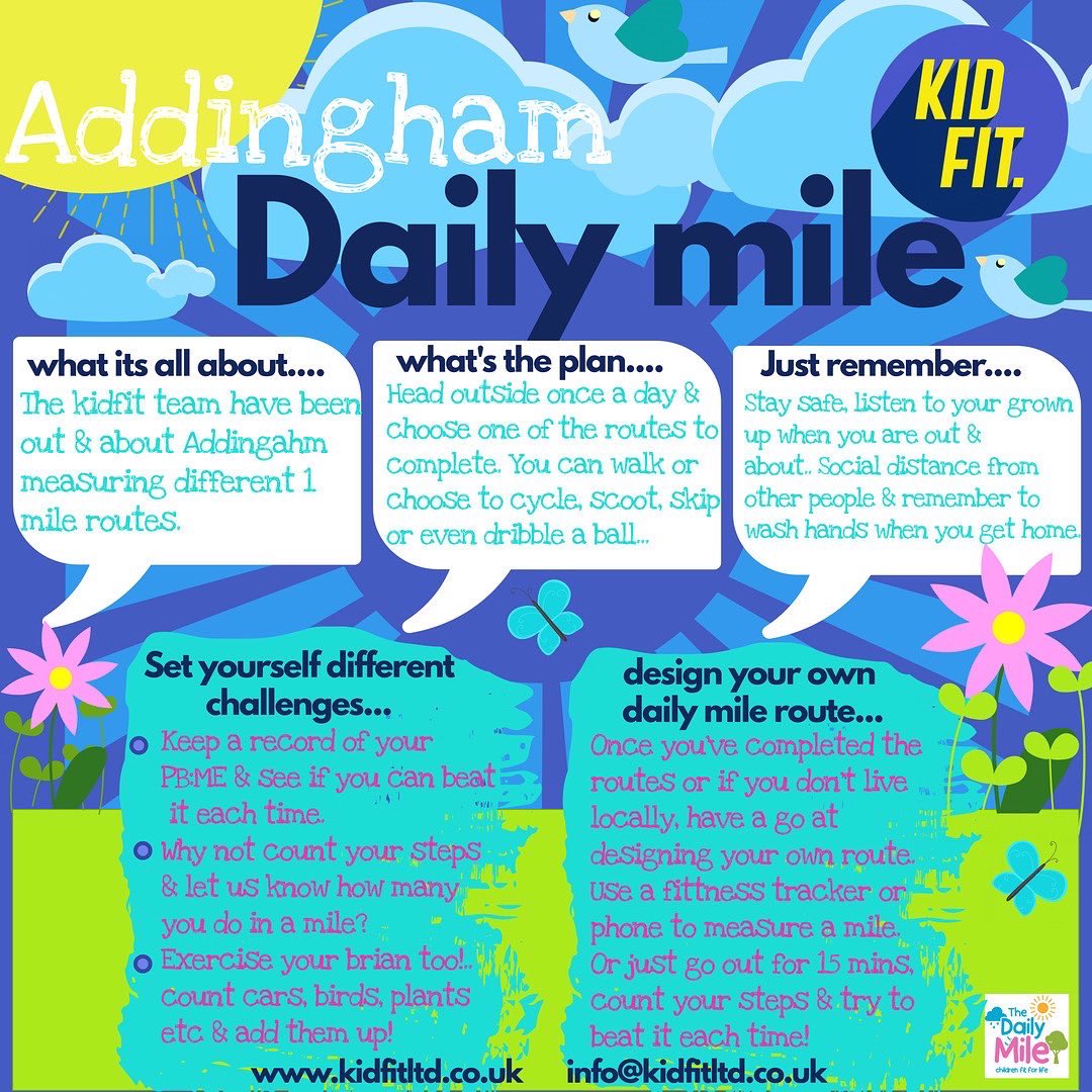 KidfitLtd's tweet photo. In support of the #DailyMileAtHome campaign, team #kidfit & helpers have designed #addinghamdailymile to help keep kids engaged & enthusiastic about keeping #active during the #lockdown . Let’s get moving! #moveplaylearn @AddinghamLocal @Claire_Gazette @IlkleyChat https://t.co/SVzZ5G52Dy