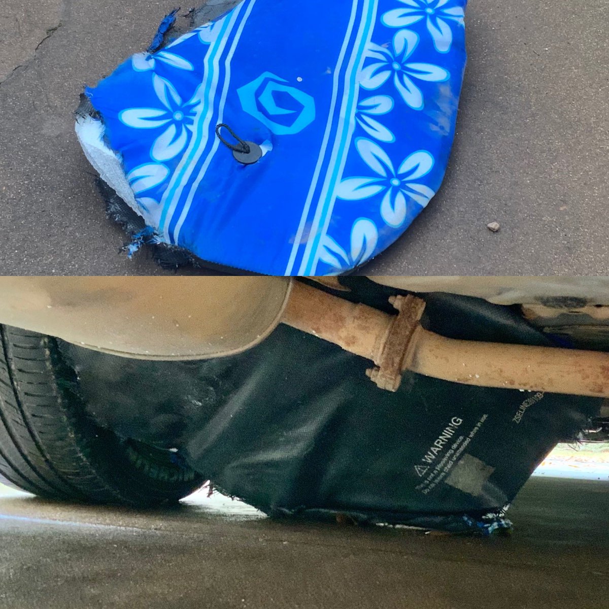 ShernMinKHOU's tweet photo. #WhatRTheOdds? This boogie board flew out of a pick truck bed, sailed under my kid’s car & lodged by the muffler - at 60 mph on the freeway. #kidOk #SecureYourLoad #KHOU11 https://t.co/ziXthzHzqN