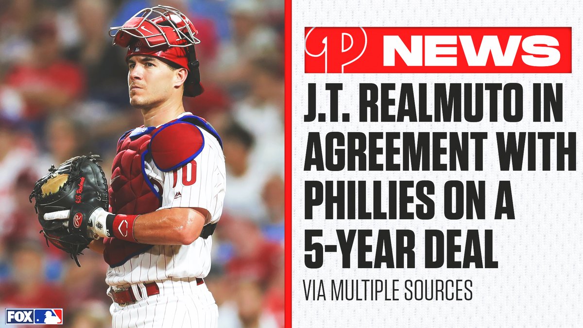 MLBONFOX's tweet photo. J.T. Realmuto and the @Phillies are in agreement on a 5-year, $115.5 million deal. https://t.co/0LT20ympn5