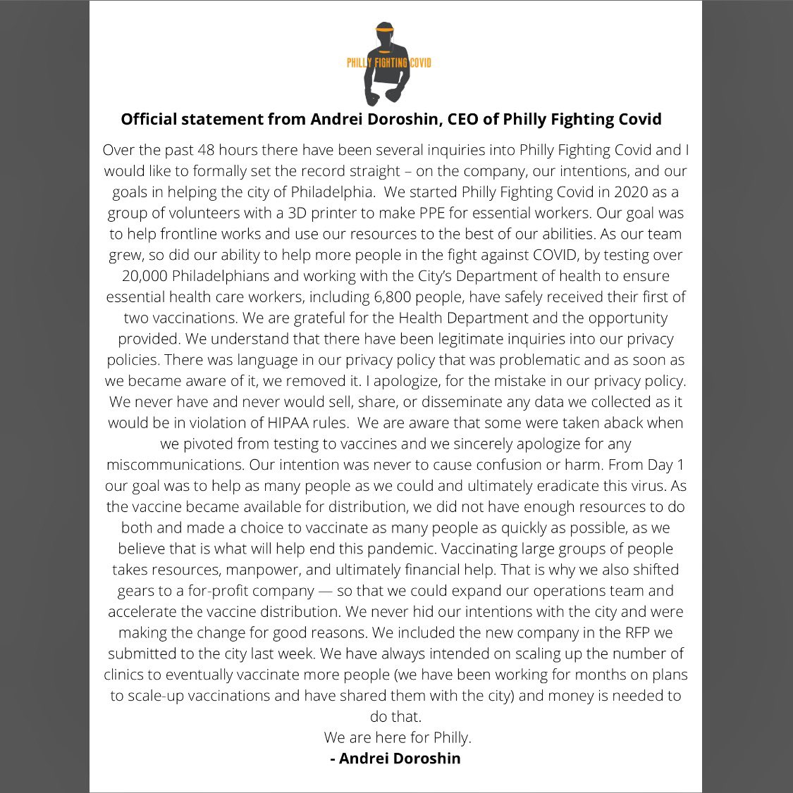 PhillyFighting's tweet photo. Official Statement from Philly Fighting COVID’s CEO - Andrei Doroshin https://t.co/77djD4ETjM
