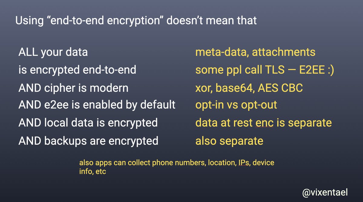 vixentael's tweet photo. Thank you for riding the hype train with me at @MobileNotts 🚄

End-to-end encryption doesn't guarantee #privacy and/or #security of your data. Your fav app can use e2ee and sell data to someone at the same time ¯\_(ツ)_/¯ 

More encryption concepts ➡️

https://t.co/qVND2fBPKI https://t.co/pOIMEWpkac