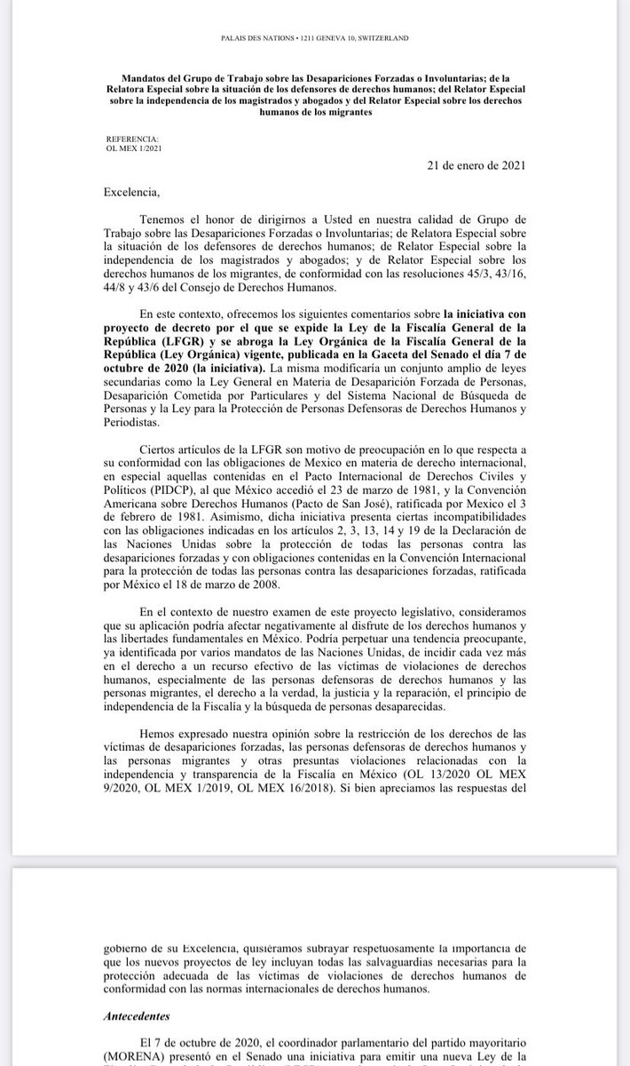 DPLF_info's tweet photo. [MÉXICO] Los procedimientos especiales de #NacionesUnidas piden explicaciones y información al Estado de #México sobre la iniciativa de reformar su Ley Orgánica de la #Fiscalía General de la República (#LOFGR)

Pueden leer la carta completa aquí ⬇️
https://t.co/6f3FMoUiJe https://t.co/Ft2ElKFGqJ