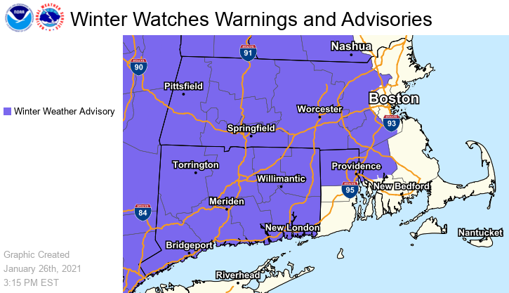 NWSBoston's tweet photo. NEW: Winter Weather Advisory expanded into parts of E #MA &amp; northern #RI.

Most accumulation occurs before 8 PM followed by lighter snow/wintry mix/rain tonight/Wed. https://t.co/SfU2P9ij1t