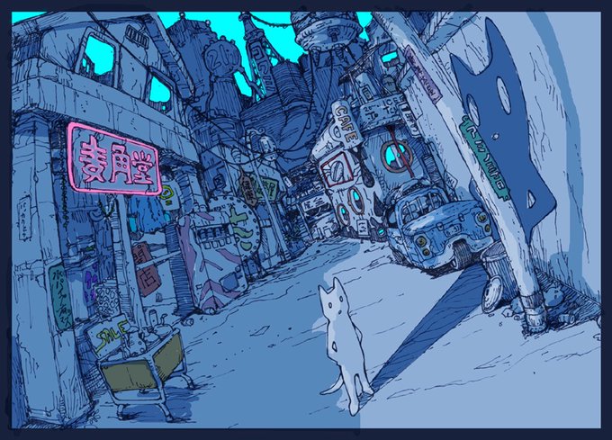 「セパスチャンネル」の企画が生まれる前に描いたアイデアスケッチで、これが開始地点です(公式なデザイン画ではないです)。放送タワー、バッカク堂、犬、影といったモチーフはこの時点でできていて、これをストーリーとして発展させていきました。私の仕事の仕方はいつもこんなんです。 
