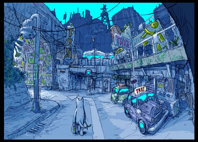 「セパスチャンネル」の企画が生まれる前に描いたアイデアスケッチで、これが開始地点です(公式なデザイン画ではないです)。放送タワー、バッカク堂、犬、影といったモチーフはこの時点でできていて、これをストーリーとして発展させていきました。私の仕事の仕方はいつもこんなんです。 