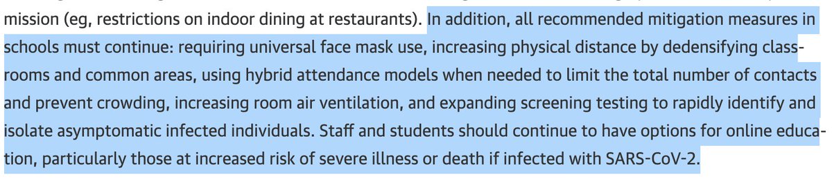 I think it’s worth noting that while the Post write-up of the study emphasized masking and social distancing, the JAMA article itself urges other things too, including better ventilation, expanding surveillance testing, and using hybrid attendance when needed to limit crowding /8