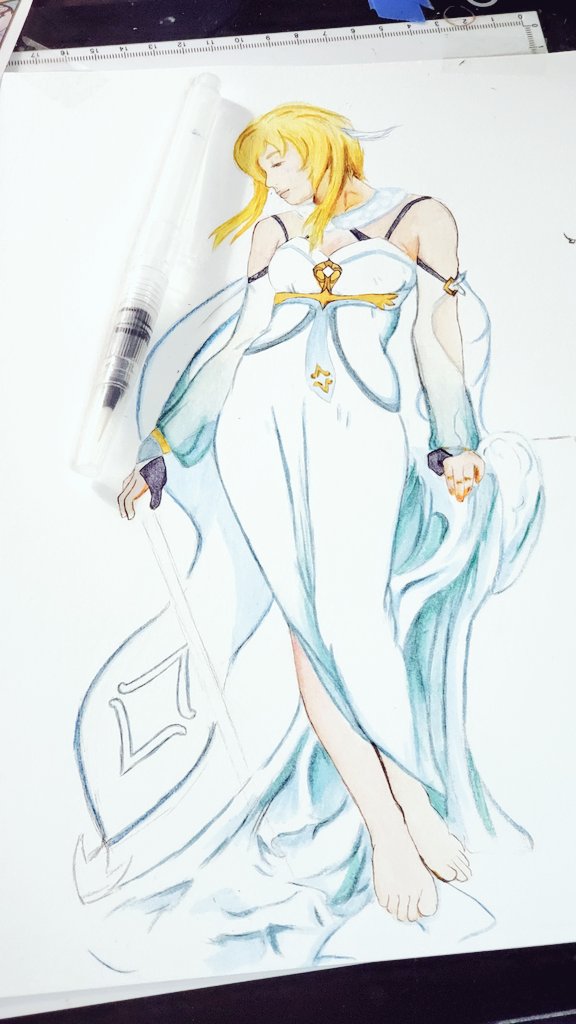ItsAbiJay's tweet photo. Haven't posted here for... a while. Oh well. 

Can't decide what sword to give her... 😔
#GenshinImpact #Genshinfanart #lumine #traveler #genshinlumine #artnouveau #alphonsmucha #miHoYo https://t.co/n9xT6JyAMp
