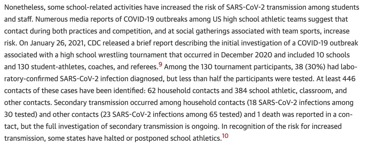 What was more new in this compared to past CDC / CDC-affiliated writing that I've seen was more explicit warnings about school athletics as a risk of transmission /7