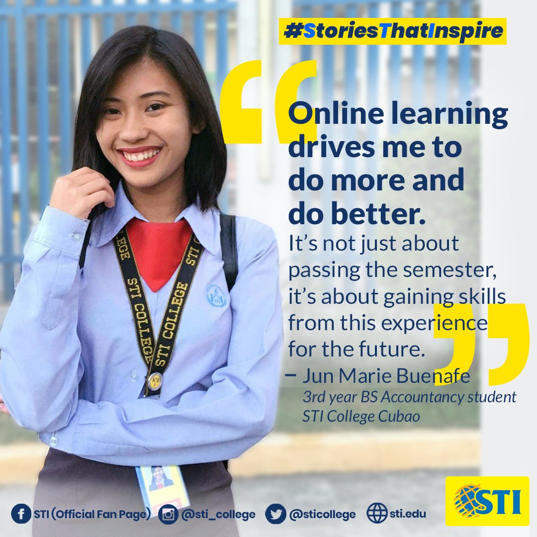 sticollege's tweet photo. Accountancy student Jun Marie Buenafe doesnβt let the challenges of online learning get her down. Even if she admits that the deadlines can be overwhelming sometimes, it is still an opportunity to gain life skills and valuable experiences. #STI #StoriesThatInspire #MadeToBeMore https://t.co/7w9Kn1zz3R