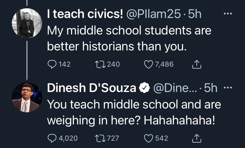 Dinesh has a Bachelor’s Degree in English yet thinks he knows more about US History than a History teacher. I can spout opinions about internal combustion engines but that doesn’t make me an engineer. Or a car.
