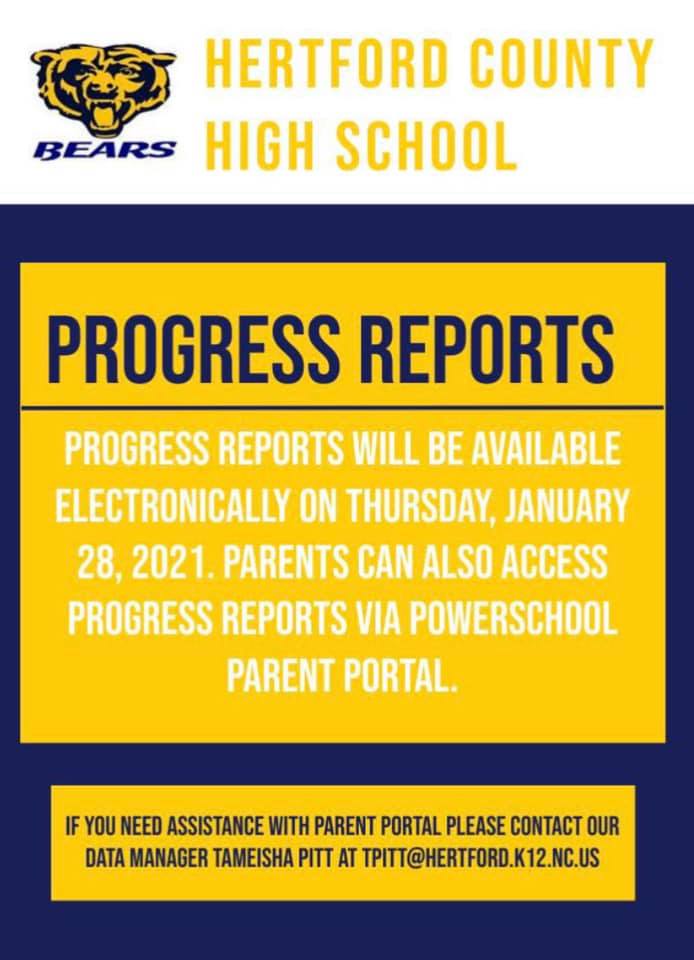 Progress Reports will be available on Thursday, January 28, 2021. Grades can be accessed via the PowerSchool Parent Portal. If you are a parent/guardian and need assistance accessing grades please feel free to contact the HCHS front office. 💛💙🐻#ALLIN