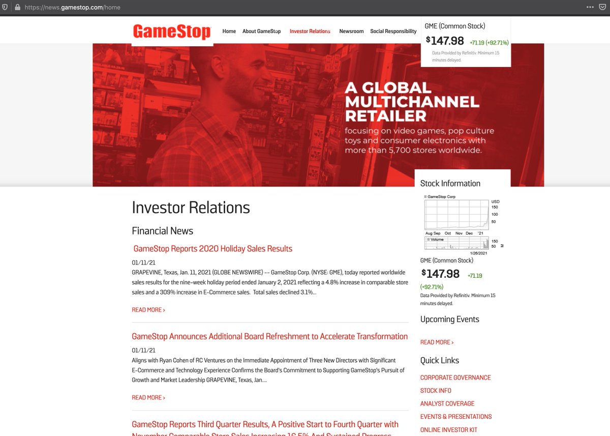 The GameStop  $GME "Investor Relations" desk hasn't released any update or statement on their stock seeing nearly 1,000% growth since the last update 2 weeks ago… missed opportunity!