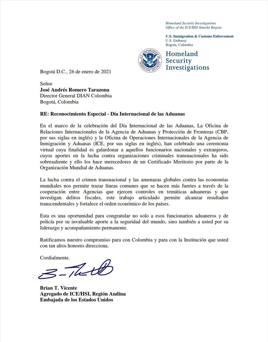 jromerotarazona's tweet photo. Gracias @ICEespanol y @CBP por el reconocimiento a nuestros funcionarios aduaneros de @DIANColombia y a @PoliciaAduanera en el Día Internacional de las Aduanas. Ratificamos nuestro compromiso en la lucha #ContraElContrabando y seguimos trabajando en la facilitación del comercio. https://t.co/7rCjnAZ4e7