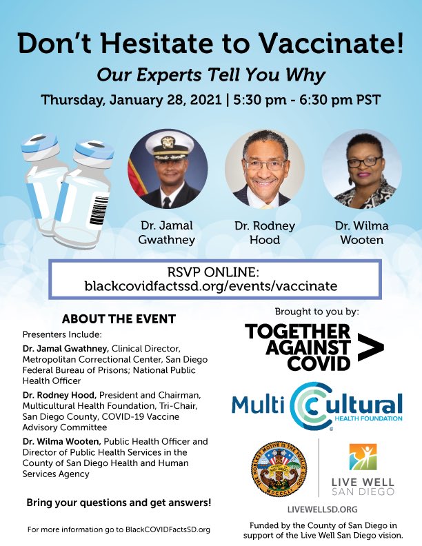 bjimenez_cosd's tweet photo. Bring Your Vaccination Questions to "Don’t Hesitate to Vaccinate! Our experts tell you why" Session on Jan 28, 2021 5:30pm. Featuring amazing panel including @SandiegoCounty PHO, Dr. Wooten. To register visit: https://t.co/Coo0F62Eo7
⁦ https://t.co/elXky2xxPq