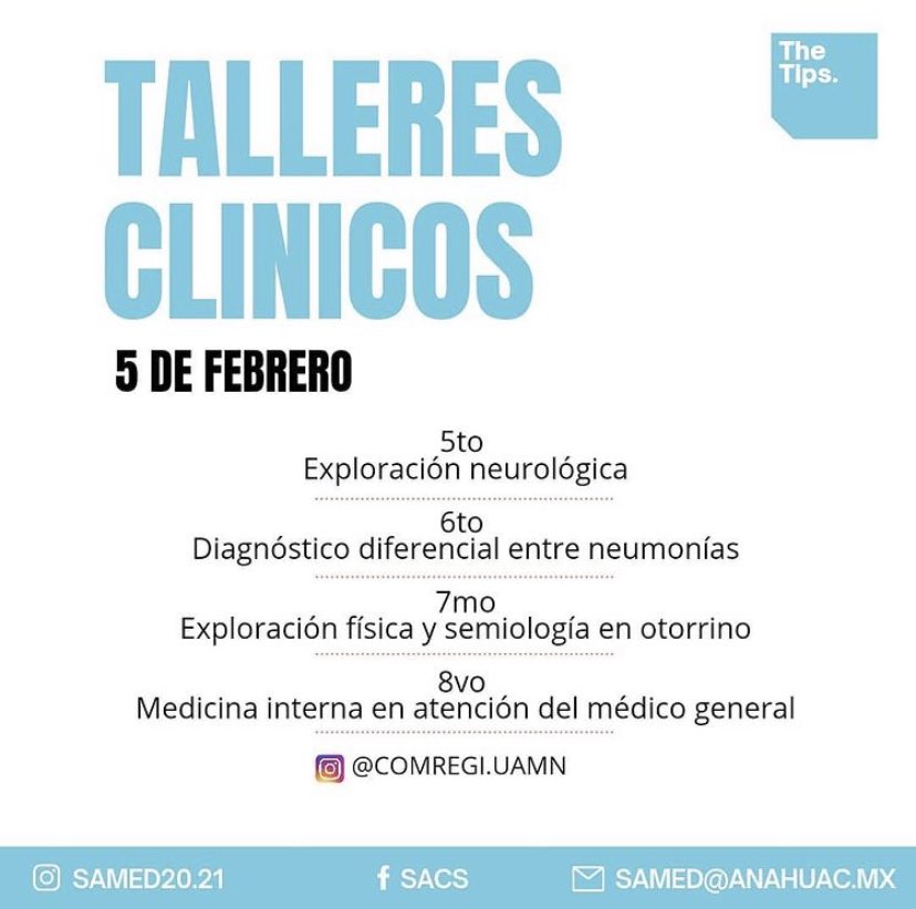 samedAnahuac's tweet photo. ¡Aparta la fecha para los talleres clínicos!
#TheTips #SAMED #Medicina #Anáhuac https://t.co/4H3tPnUShG